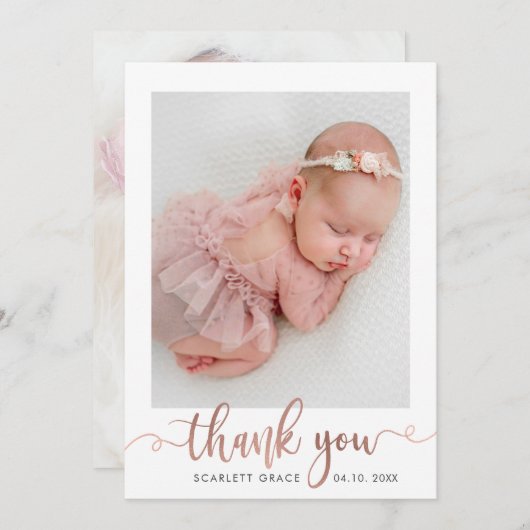 Roos Gold Script minimalistisch Baby foto dank u Bedankkaart (Voorkant / Achterkant)