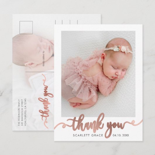 Roos Gold Script minimalistisch Baby foto dank u Briefkaart (Voorkant / Achterkant)