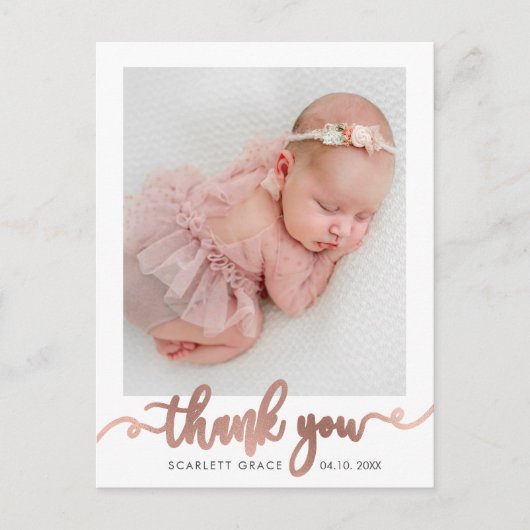 Roos Gold Script minimalistisch Baby foto dank u Briefkaart (Voorkant)