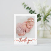 Roos Gold Script minimalistisch Baby foto dank u Briefkaart (Staand voorkant)