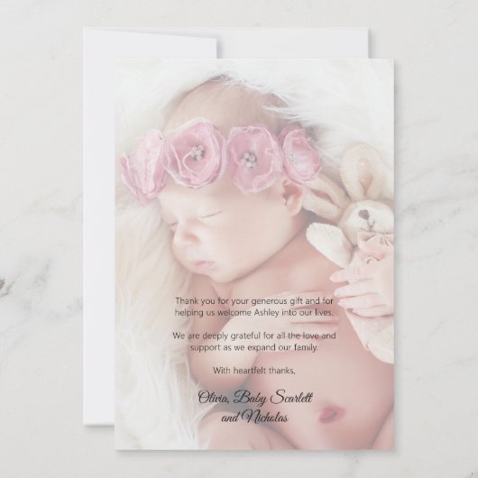 Roos Gold Script Modern Overlay tekst Baby Foto Bedankkaart (Achterkant)