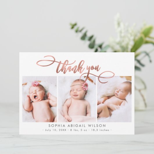 Roos Gold Script Newborn 3 Baby Foto Dank u Bedankkaart (Staand voorkant)
