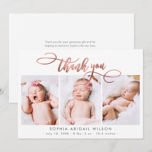 Roos Gold Script Newborn 3 Baby Foto Dank u Bedankkaart (Voorkant / Achterkant)