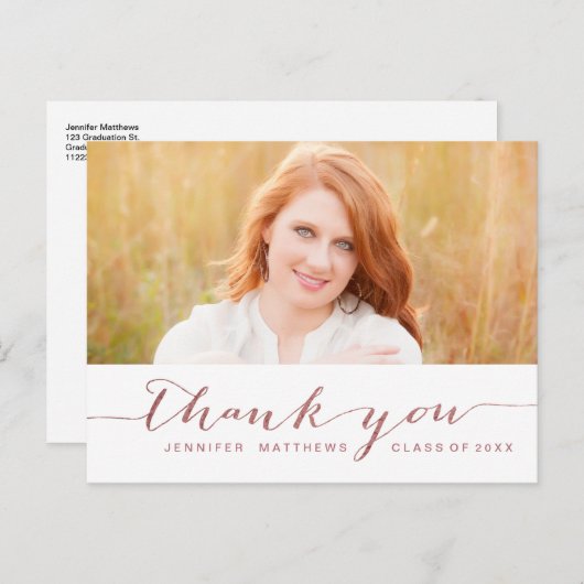 Roos Gold Script Photo Afstuderen Hartelijk dank Briefkaart (Voorkant / Achterkant)