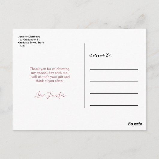 Roos Gold Script Photo Afstuderen Hartelijk dank Briefkaart (Achterkant)