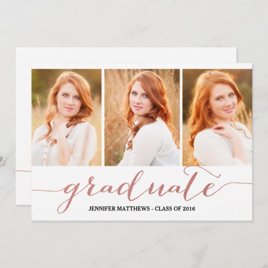 Roos Gold Script Photo Collage | afstudeerfeest Kaart (Voorkant / Achterkant)