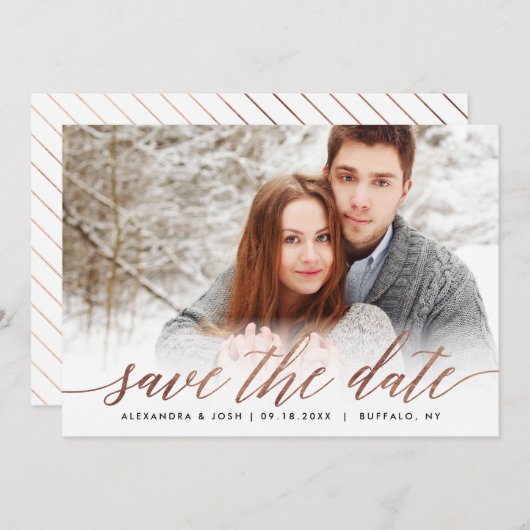 Roos Gold Script Photo Save the Date in Faux Foil (Voorkant / Achterkant)