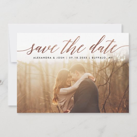 Roos Gold Script Photo Save the Date in Faux Foil (Voorkant)