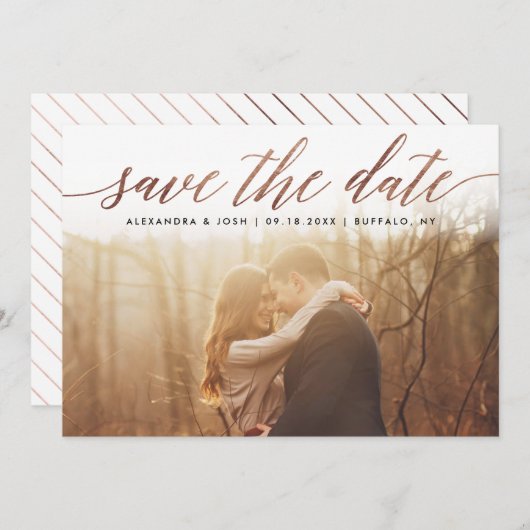 Roos Gold Script Photo Save the Date in Faux Foil (Voorkant / Achterkant)