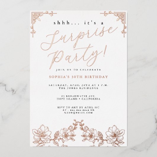 Roos Gold Script Roos Surprise Party Folie Folie Uitnodiging (Voorkant)