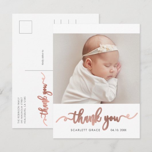 Roos Gold Script Simple Baby Foto Dank u Briefkaart (Voorkant / Achterkant)