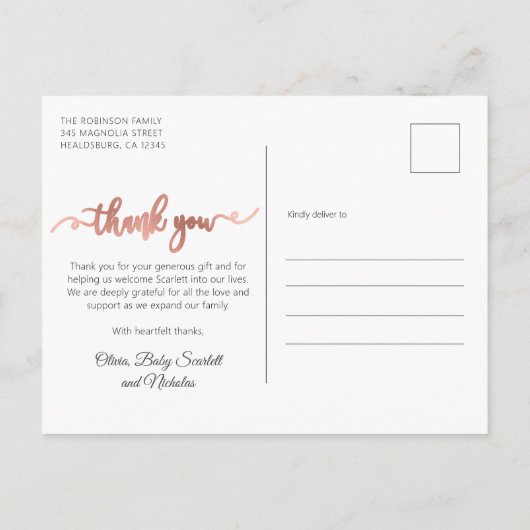 Roos Gold Script Simple Baby Foto Dank u Briefkaart (Achterkant)