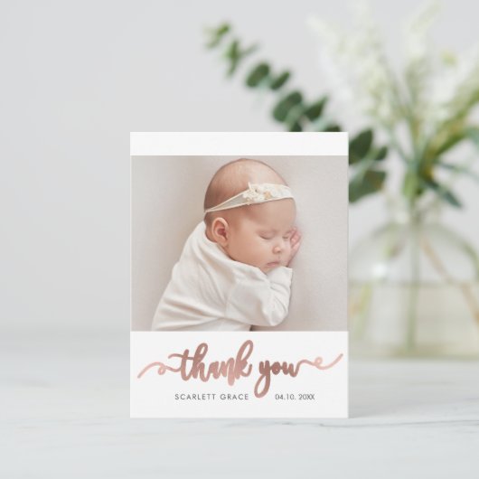 Roos Gold Script Simple Baby Foto Dank u Briefkaart (Staand voorkant)