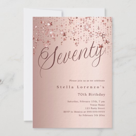 Roos Gold Script Stars 70th Birthday Luxury Kaart (Voorkant)