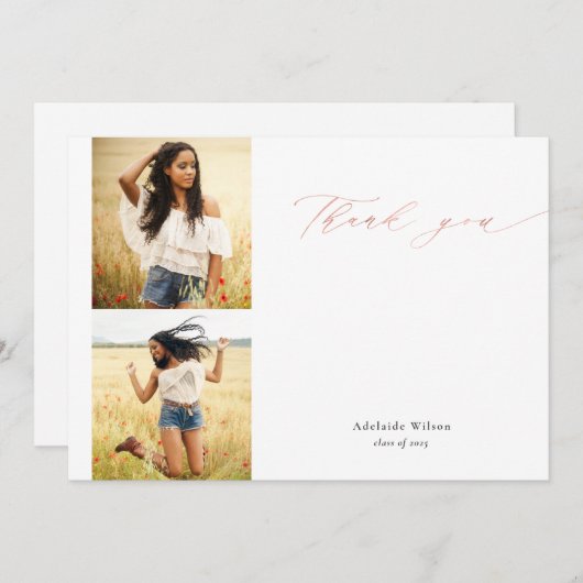 Roos Gold Script Twee foto-Afstuderen Dank u wel Bedankkaart (Voorkant / Achterkant)