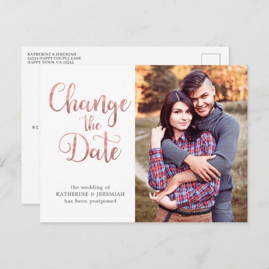 Roos Gold Script Wedding Uitstel Datum wijzigen Briefkaart (Voorkant / Achterkant)