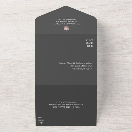 Roos Gold Seashell Elegant Ocean Beach GRIJS All In One Uitnodiging (Buitenkant)