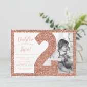 Roos Gold Second Birthday Invitation, Faux Glitter Kaart (Staand voorkant)