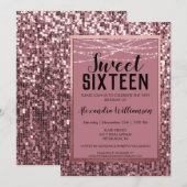 Roos Gold Sequin/Glitter Sweet 16 Birthday Party Kaart (Voorkant / Achterkant)