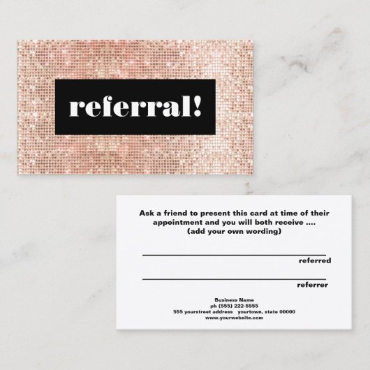 Roos Gold Sequins Cosmetology Customer Reference Aanbevelingskaartje (Voorkant / Achterkant)