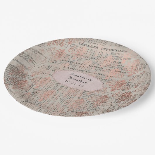 Roos Gold Shabby-Chic Nieuwsblad Bruiloft Papieren Bordje (Gekanteld)