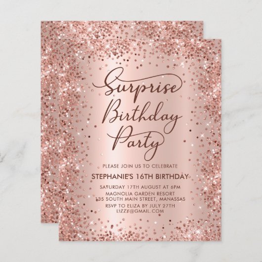 Roos Gold Shhh Surprise Sweet 16 verjaardagsuitnod (Voorkant / Achterkant)