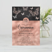 Roos Gold Shimmer Butterfly Modern Quinceañera Kaart (Staand voorkant)