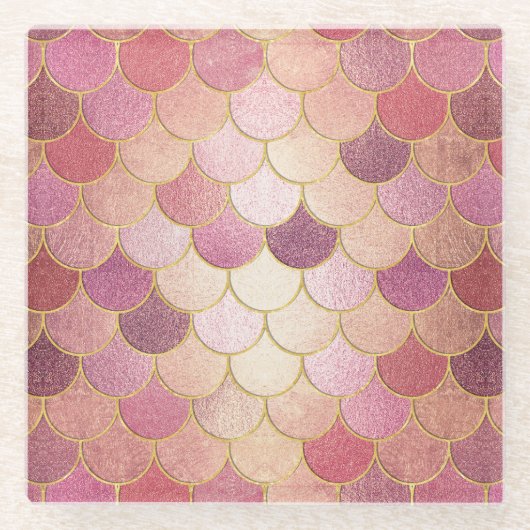 Roos Gold Shimmer Mermaid Scale Patroon Glazen Onderzetter (Voorkant)