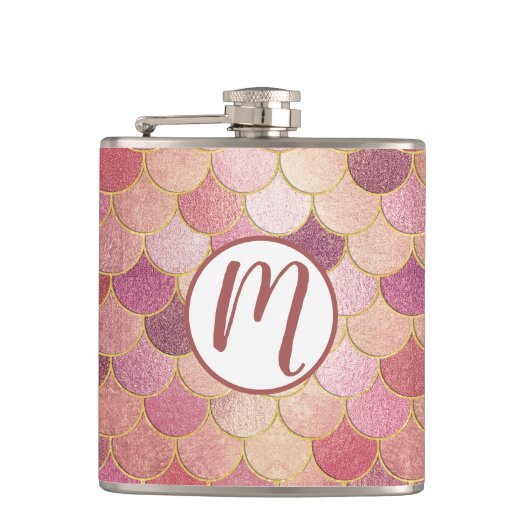 Roos Gold Shimmer Mermaid Scale Patroon Heupfles (Voorkant)