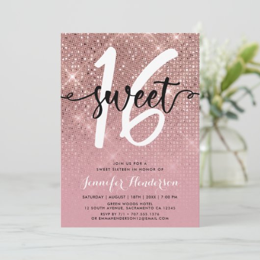 Roos Gold Shimmer Sweet Sixteen Birthday Party Kaart (Staand voorkant)