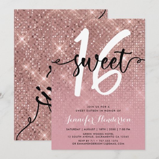 Roos Gold Shimmer Sweet Sixteen Birthday Party Kaart (Voorkant / Achterkant)