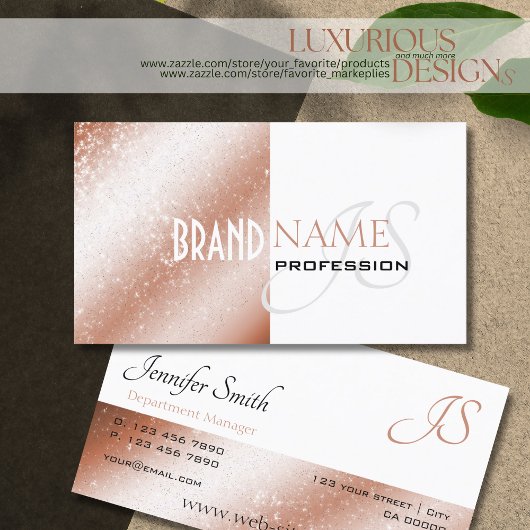 Roos Gold Shimmer Wit Glitter Sterren en Monogram Visitekaartje