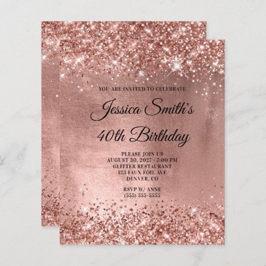 Roos Gold Shiny Glam 40e verjaardag Uitnodiging (Voorkant / Achterkant)