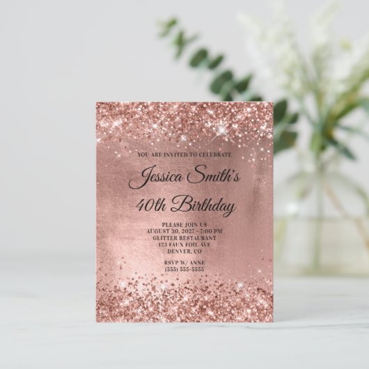 Roos Gold Shiny Glam 40e verjaardag Uitnodiging (Staand voorkant)