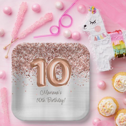 Roos Gold Silver 10e verjaardagsfeestje Papieren Bordje (Feest)