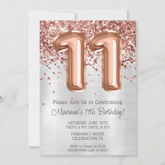 Roos Gold Silver 11e Verjaardagsfeestuitnodiging Kaart (Voorkant)