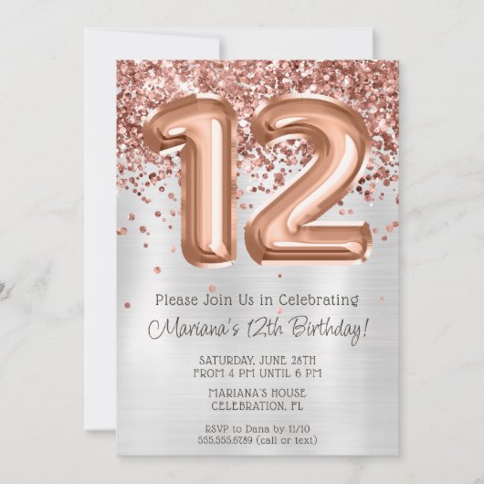 Roos Gold Silver 12e Verjaardagsfeestuitnodiging Kaart (Voorkant)
