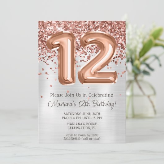 Roos Gold Silver 12e Verjaardagsfeestuitnodiging Kaart (Staand voorkant)