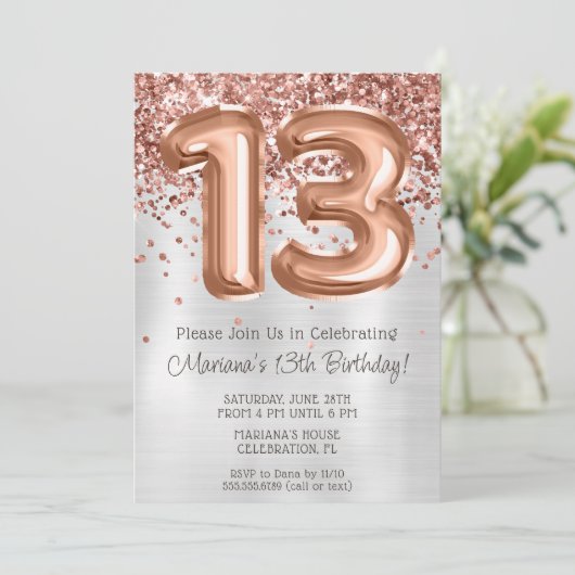 Roos Gold Silver 13e Verjaardagsfeestuitnodiging Kaart (Staand voorkant)