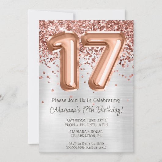 Roos Gold Silver 17e Verjaardagsfeestuitnodiging Kaart (Voorkant)