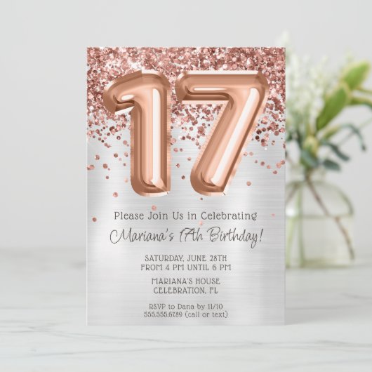 Roos Gold Silver 17e Verjaardagsfeestuitnodiging Kaart (Staand voorkant)