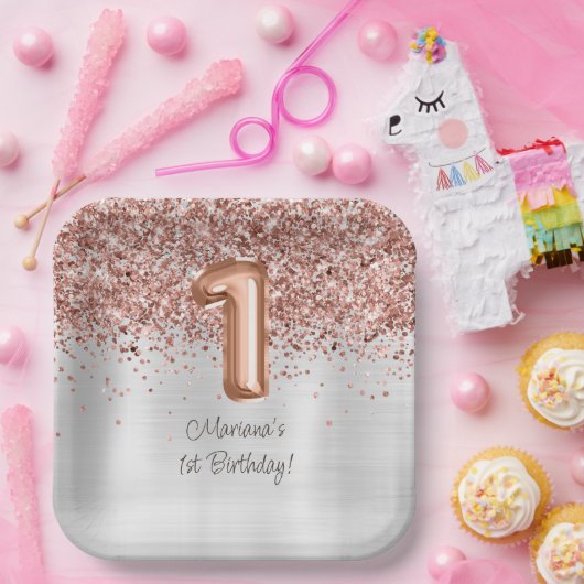 Roos Gold Silver 1e verjaardagsfeestje Papieren Bordje (Feest)