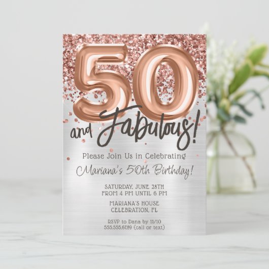 Roos Gold Silver 50ste verjaardagsfeestuitnodiging Kaart (Staand voorkant)