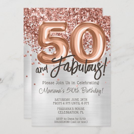 Roos Gold Silver 50ste verjaardagsfeestuitnodiging Kaart (Voorkant / Achterkant)