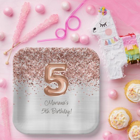 Roos Gold Silver 5e verjaardagsfeestje Papieren Bordje (Feest)