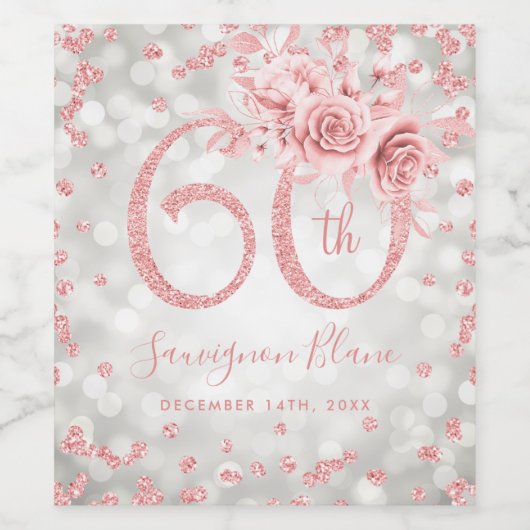 Roos Gold Silver 60th Birthday Floral Glam Lights Wijn Etiket (Enkel label)