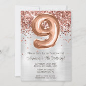 Roos Gold Silver 9e Verjaardagsfeestuitnodiging Kaart (Voorkant)