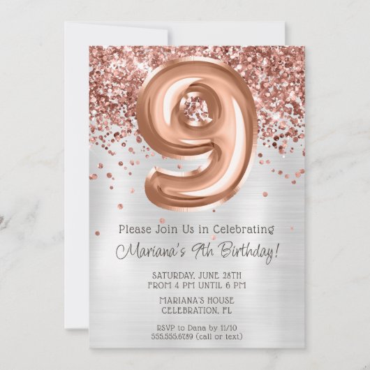 Roos Gold Silver 9e Verjaardagsfeestuitnodiging Kaart (Voorkant)