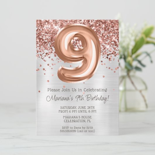 Roos Gold Silver 9e Verjaardagsfeestuitnodiging Kaart (Staand voorkant)