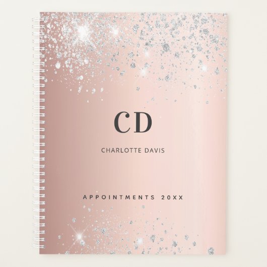 Roos Gold Silver Blush Sparkles Monogram Naam Planner (Voorkant)